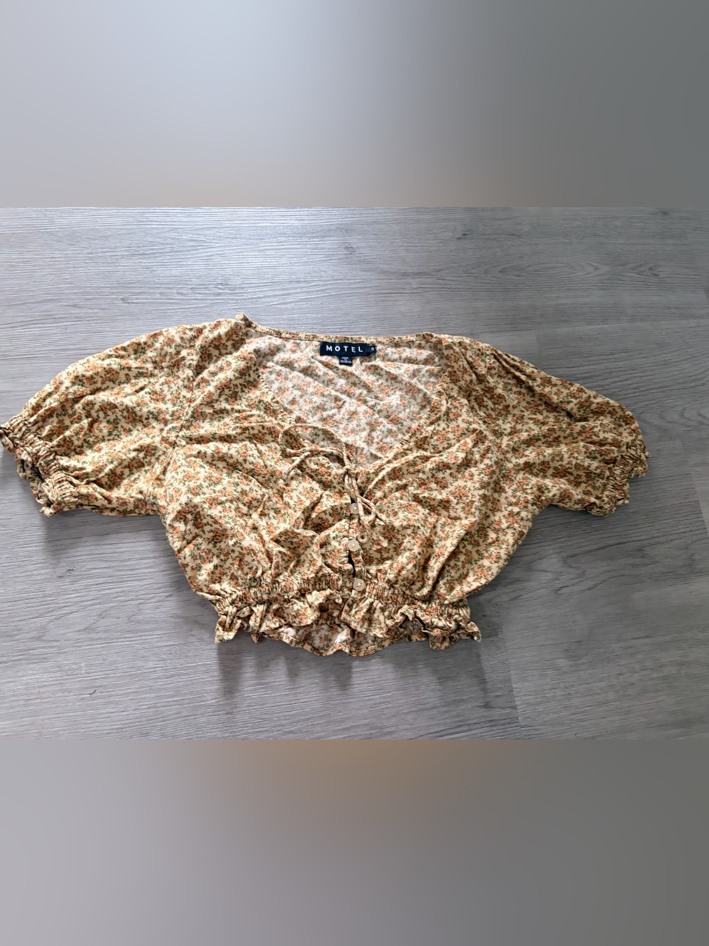 Motel Yellow Floral Crop Top with Rust & Green Accents
